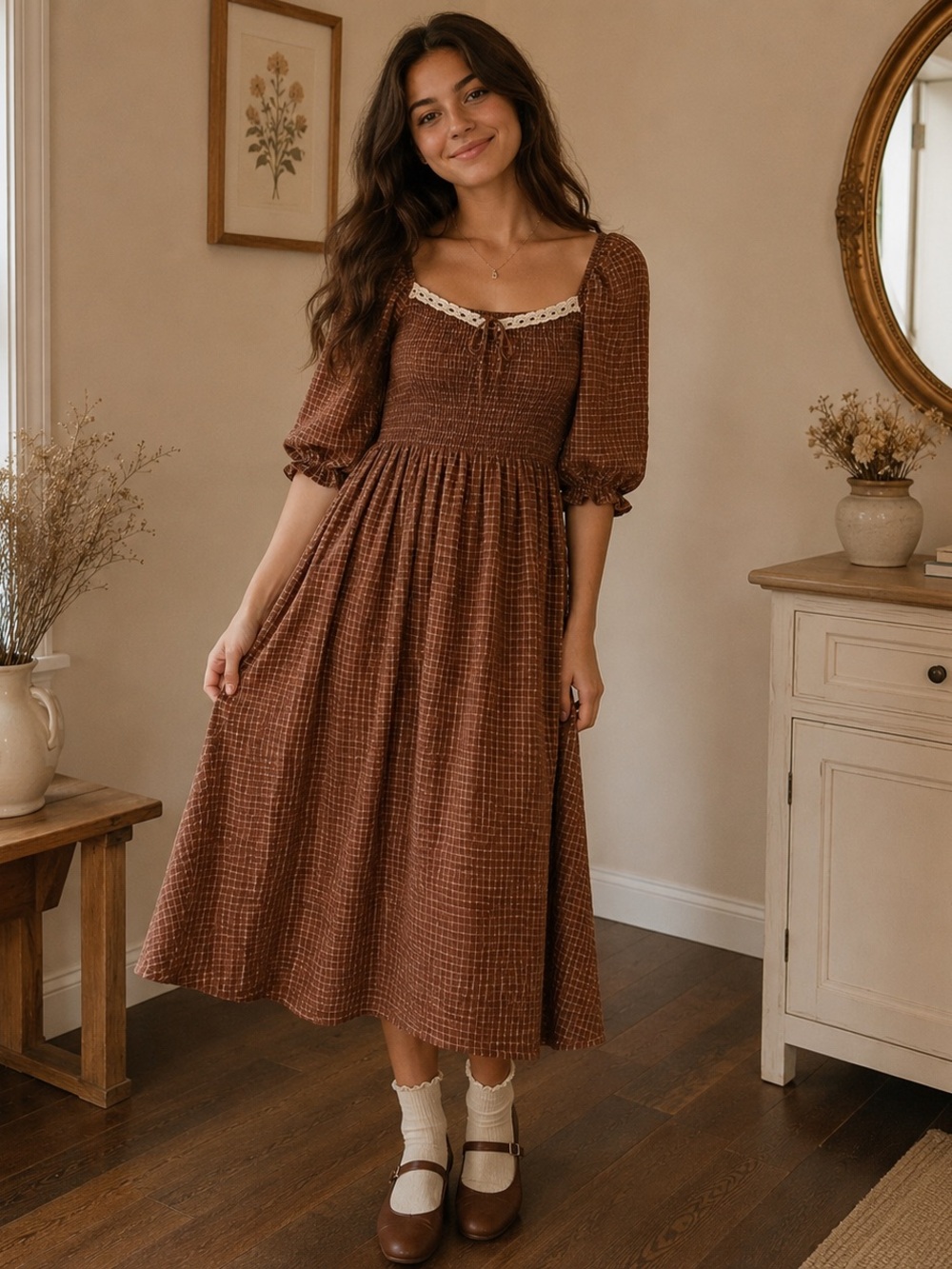 EUC Neuflora Dublin Rust Large Smocked gingham Midi Dress Hard to Find